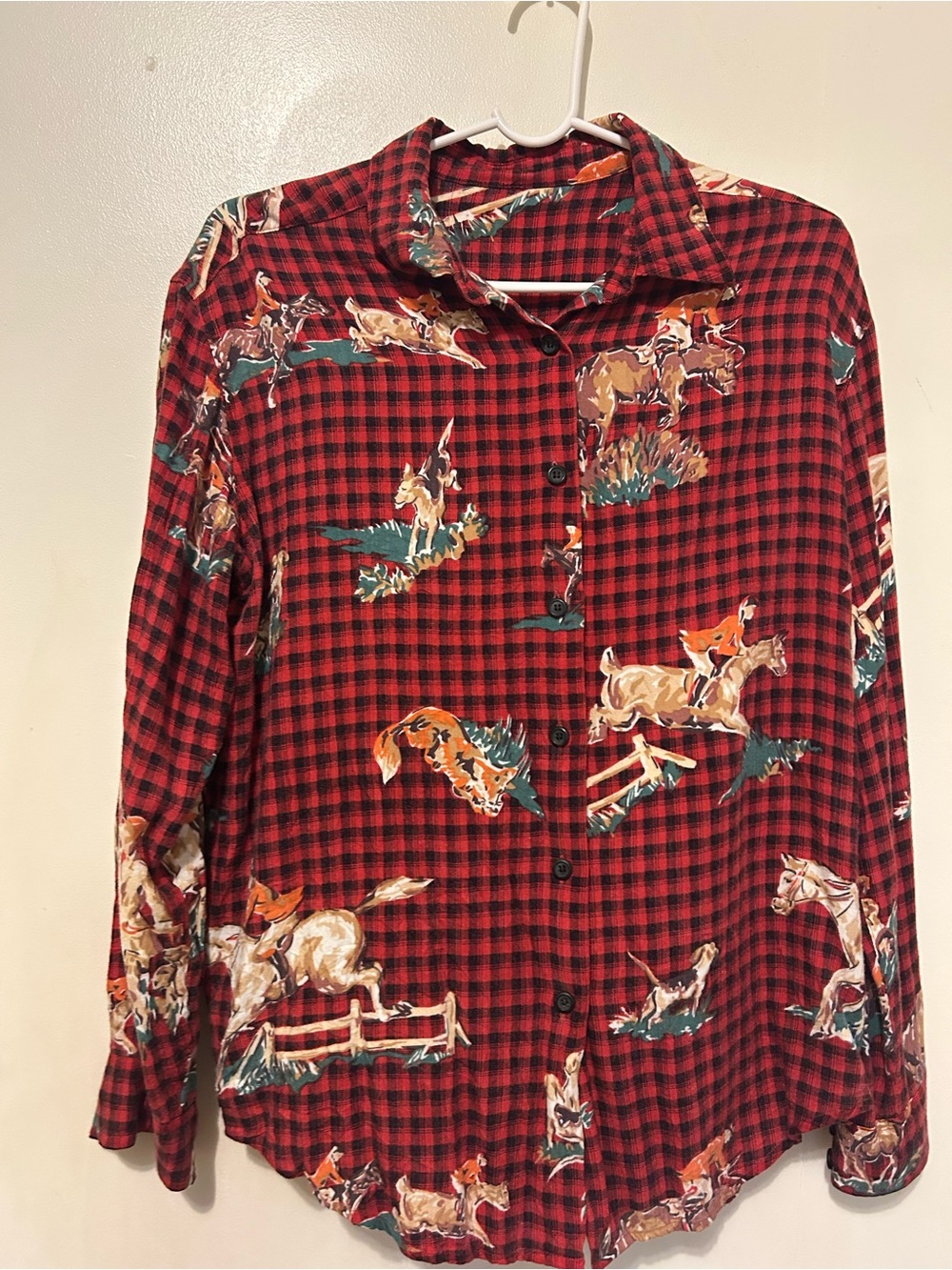 VTG Equestrian Fox Hunt Scenery on Buffalo Background Print Shirt Sz L NWOT